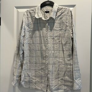 Talbots Light Gray Metallic Plaid Button Down Shirt Size Large